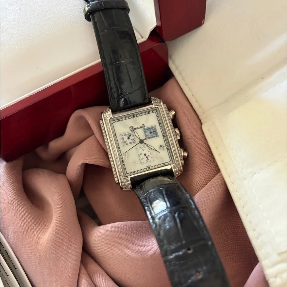 Danielle Silver-Tone Rectangular Watch with Black Leather Strap
